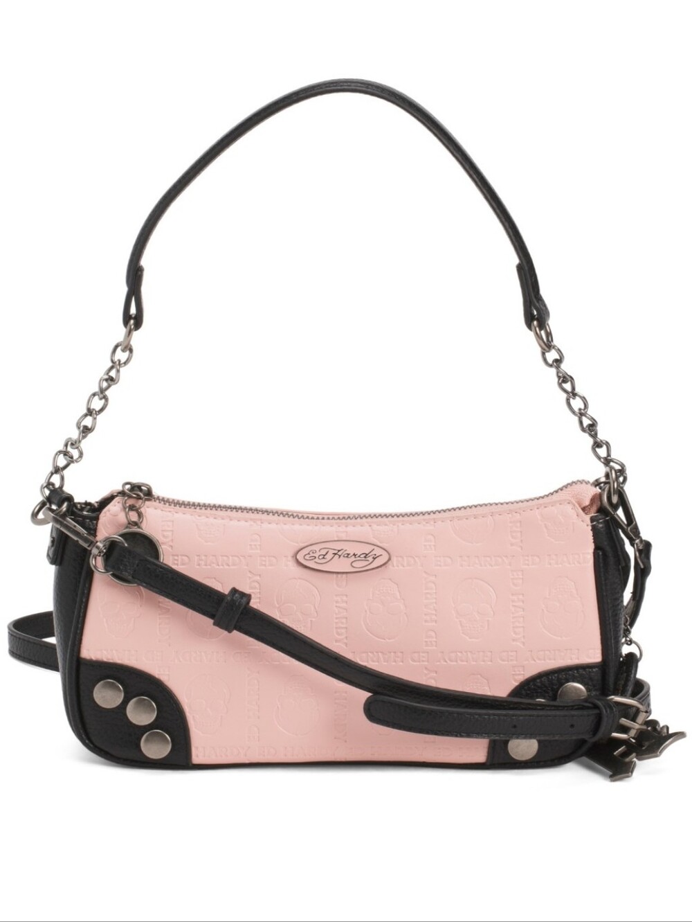 Pink Ed Hardy Skull Embossed Mini Compact Crossbody Purse Y2k Chain Strap